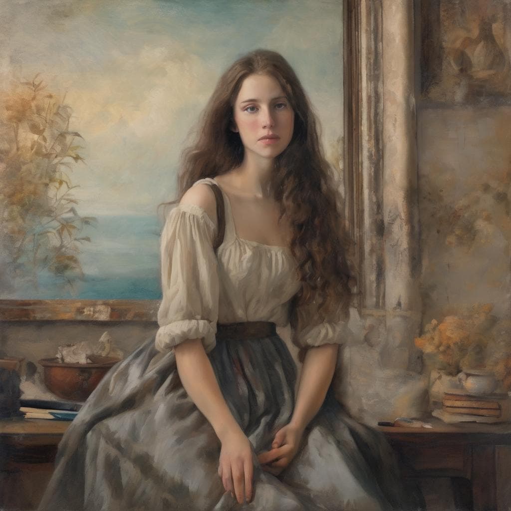 Ομορφη νεαρή γυναίκα σε ρεαλιστικό πίνακα, ανάμεσα στην τέχνη και την πολιτική, με φυσικό περιβάλλον και καλλιτεχνική ατμόσφαιρα.