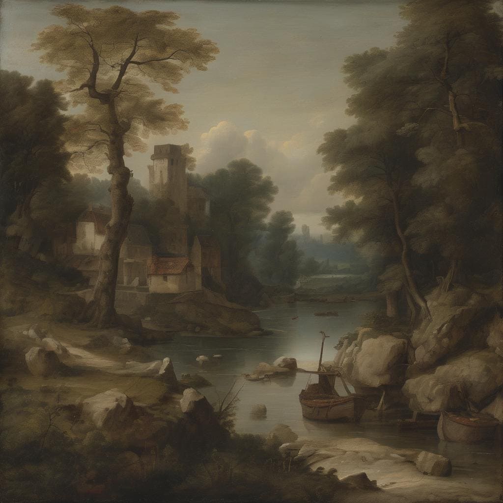 Φωτογραφία τοπίου με ποτάμι και ερείπια κάστρου, τέχνη και ιστορία.