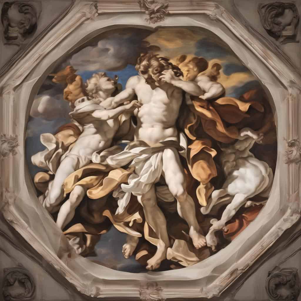 Οροφή με ζωγραφική της Αντιγόνης, που απεικονίζει τη σχέση τέχνης και πολιτικής στην ιστορία, σε ρετρό στυλ.