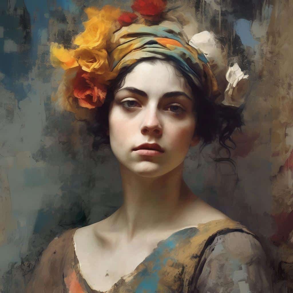 Μοντέρνο πορτρέτο γυναίκας με τέχνη, πολιτική και ιστορία, ζωγραφική σε στυλ ακουαρέλας, καλλιτεχνική έκφραση, πολιτιστικό θέμα.