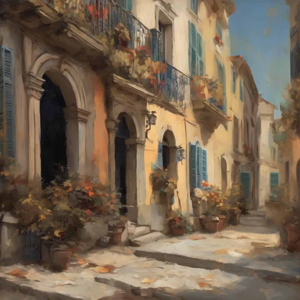 Ιστορική εικόνα καλοκαιρινής αστικής πόλης με πολυκατοικίες, λουλούδια και φιλική ατμόσφαιρα, τέχνη και πολιτική στην ιστορία.